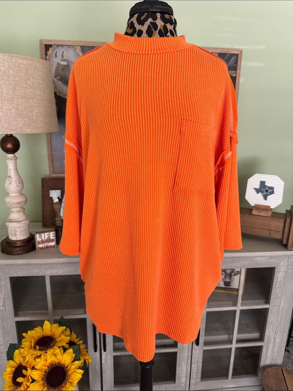 Bright Orange Ribbed Pocket Tunic Sz Lg